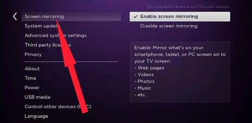 Select Screen Mirroring on Roku TV