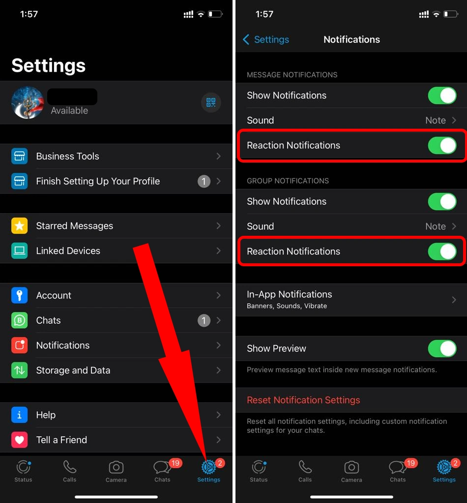 Enable Disable Reaction Notification WhatsApp iPhone